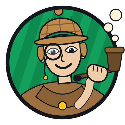 A detective in a deerstalker hat looking through a magnifying glass.