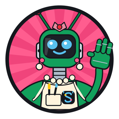 A green robot host in a white apron, waving, in front of a pink sunburst.